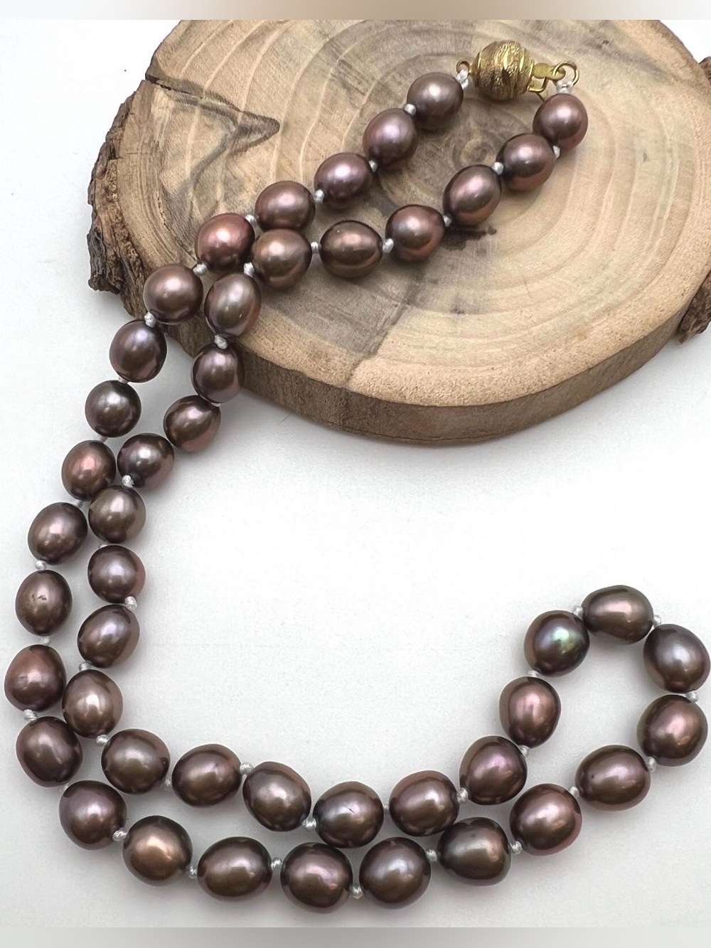 Vintage Peacock Plum Freshwater Pearl Necklace Knotted 18” Gold Clasp